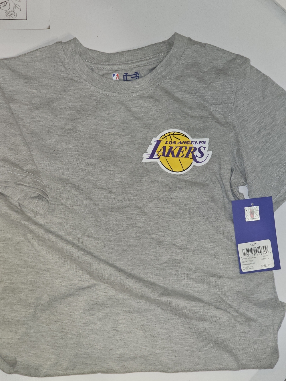 Los Angeles Lakers Youth 14/16 Crewneck T‑Shirt Heather Gray NWT